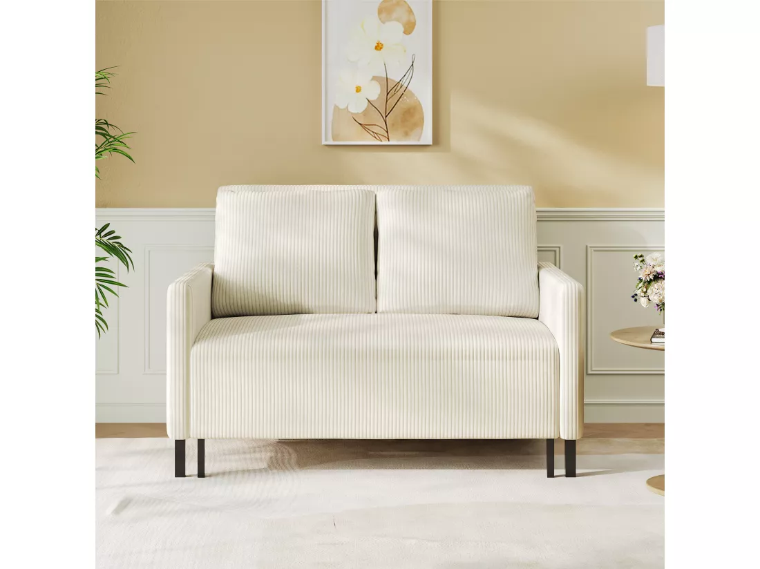 Canape 2 places convertible clic-clac, en Velours côtelé beige, Couchage 170 cm, Matelas 10 cm, pour Studio/Salon/Chambre