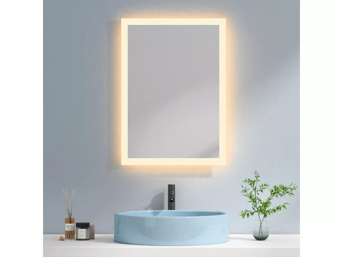 EMKE Miroir lumineux salle de bain 70x50cm, Miroir LED salle de bain, Miroir avec l'éclairage, Lumière Chaude
