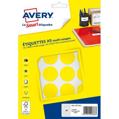 Avery - Etui A5 - 240 Pastilles adhésives - jaune - diamètre 30 mm