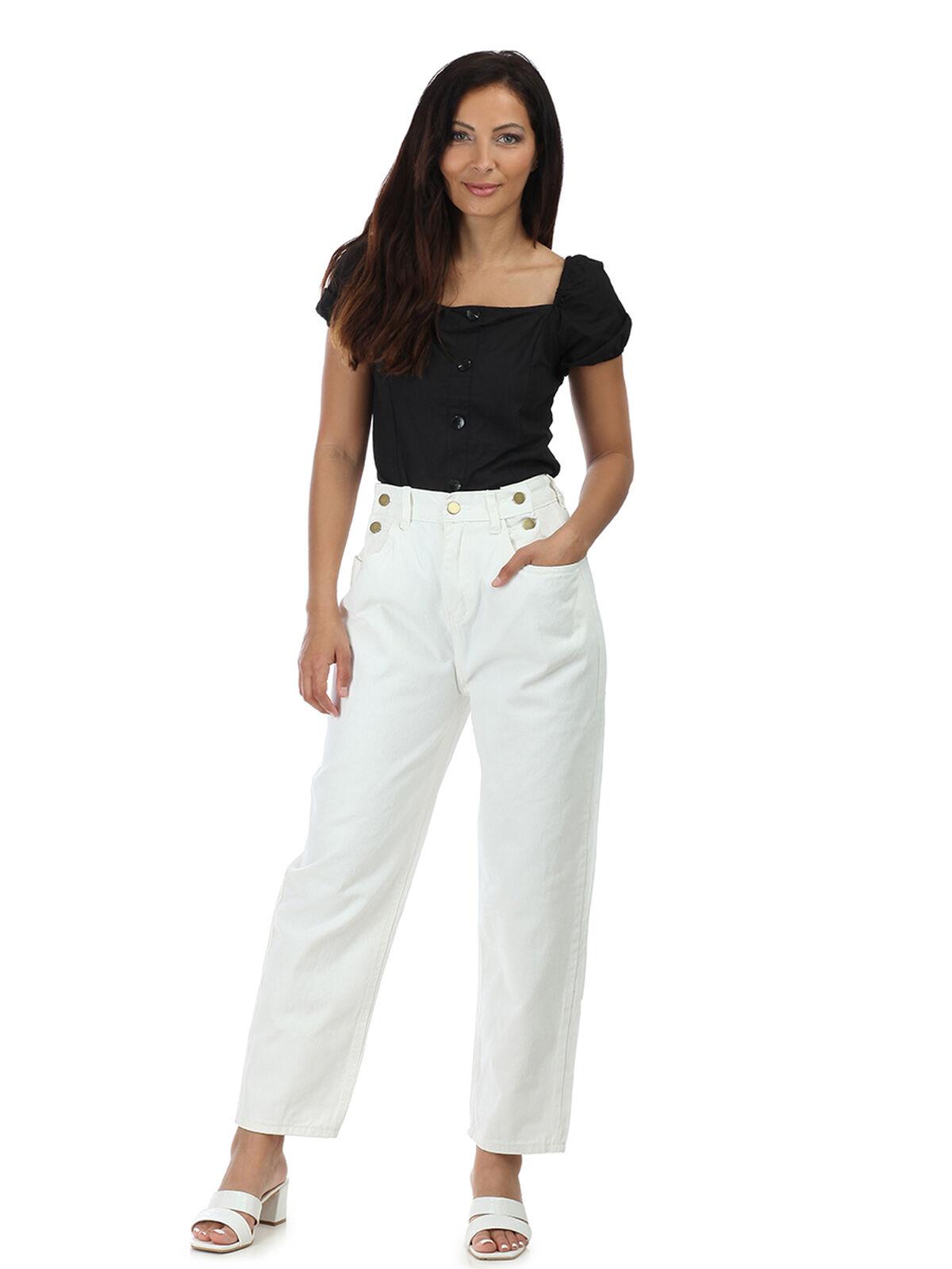 Jeans ample à boutons- Blanc