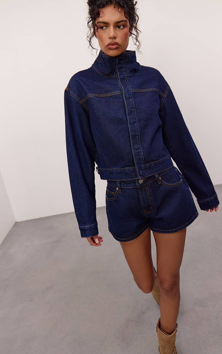 Bleu Indigo Veste En Jean Courte À Col Montant À Pois