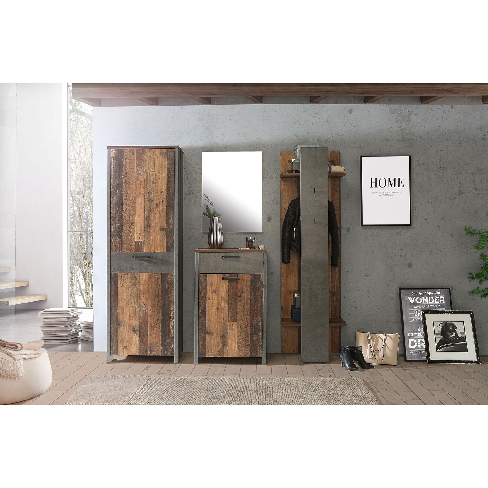 4-teiliges Garderoben-Set - Old Wood Vintage - Betonoptik
