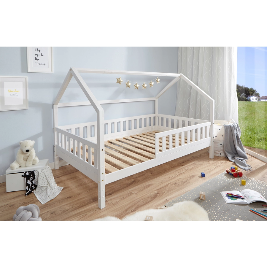 TICAA Kinderbett Hausbett Kay 90x200 Kiefer weiß Weiß