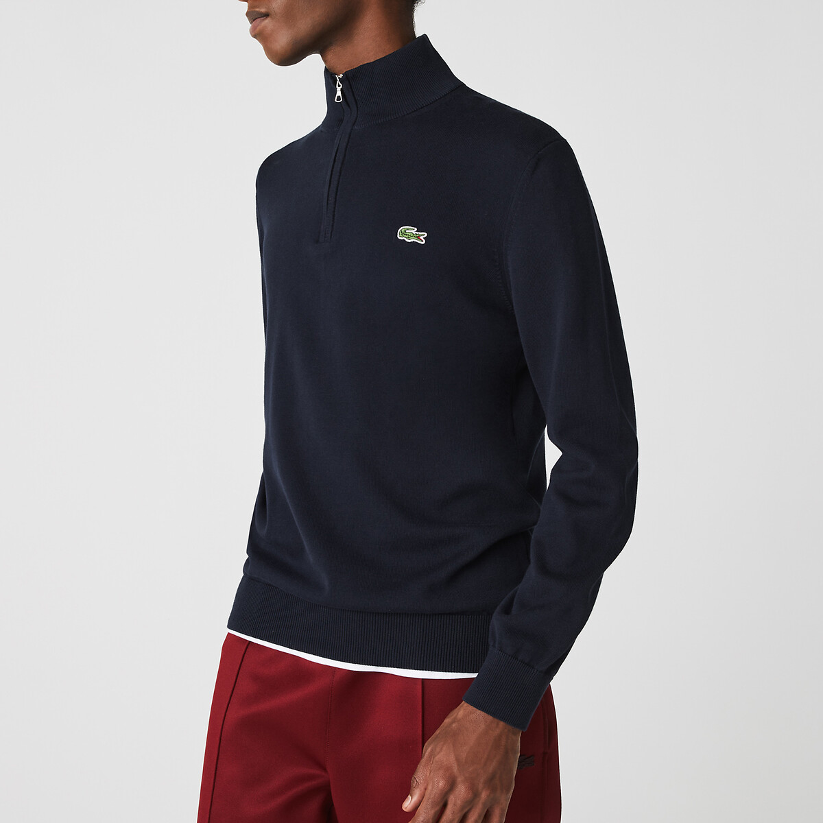 Suéter LACOSTE com gola alta e zíper, em algodão.