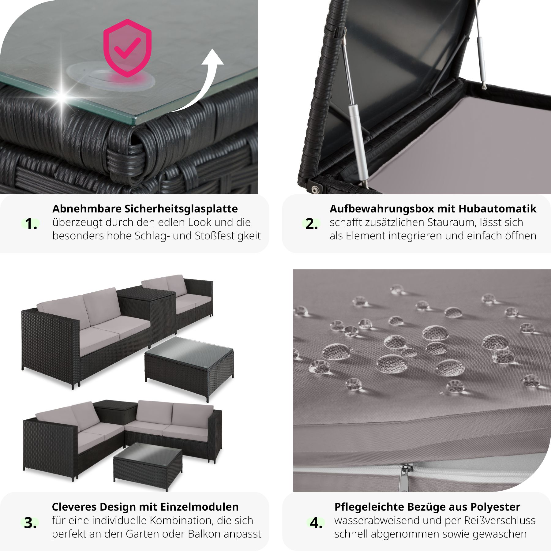 tectake® Rattan Lounge, für 4 Personen, große Aufbewahrungsbox, mit Sicherheitsglasplatte