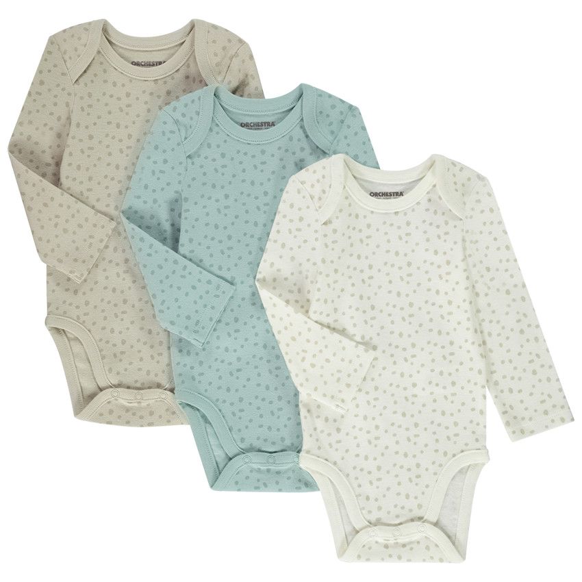 Lot de 3 bodies manches longues imprimé tacheté pour bébé - Ecru