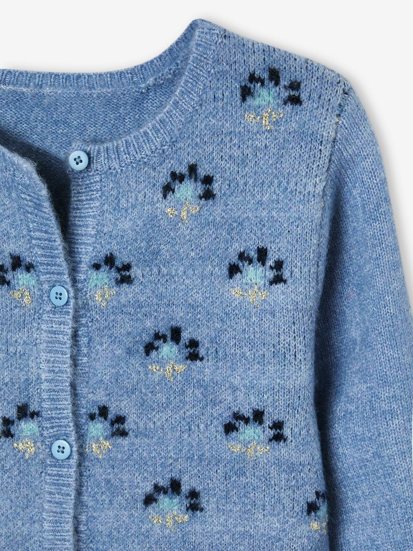Casaco de malha jacquard com motivos florais adornados com fios brilhantes, para meninas, azul médio liso