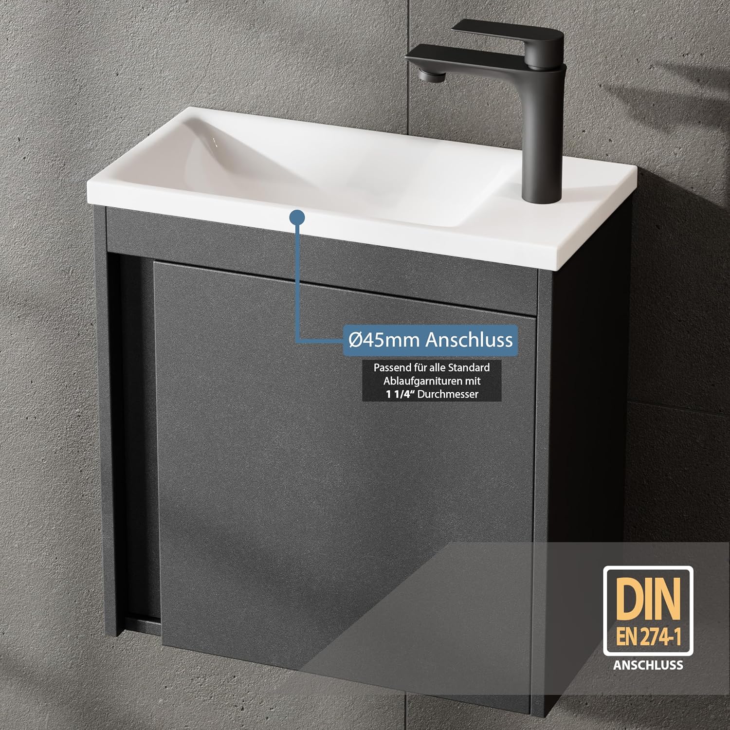 Planetmöbel Badmöbel Set 2-teilig Waschbecken mit Unterschrank 50 x 48,3 x 24,8 cm grau matt, Waschbeckenunterschrank mit Einsatz-Waschbecken weiß