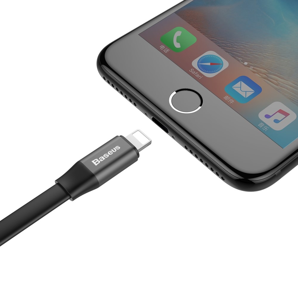 (23cm) 2A Lightning USB Flachband Mini Ladekabel - Schwarz