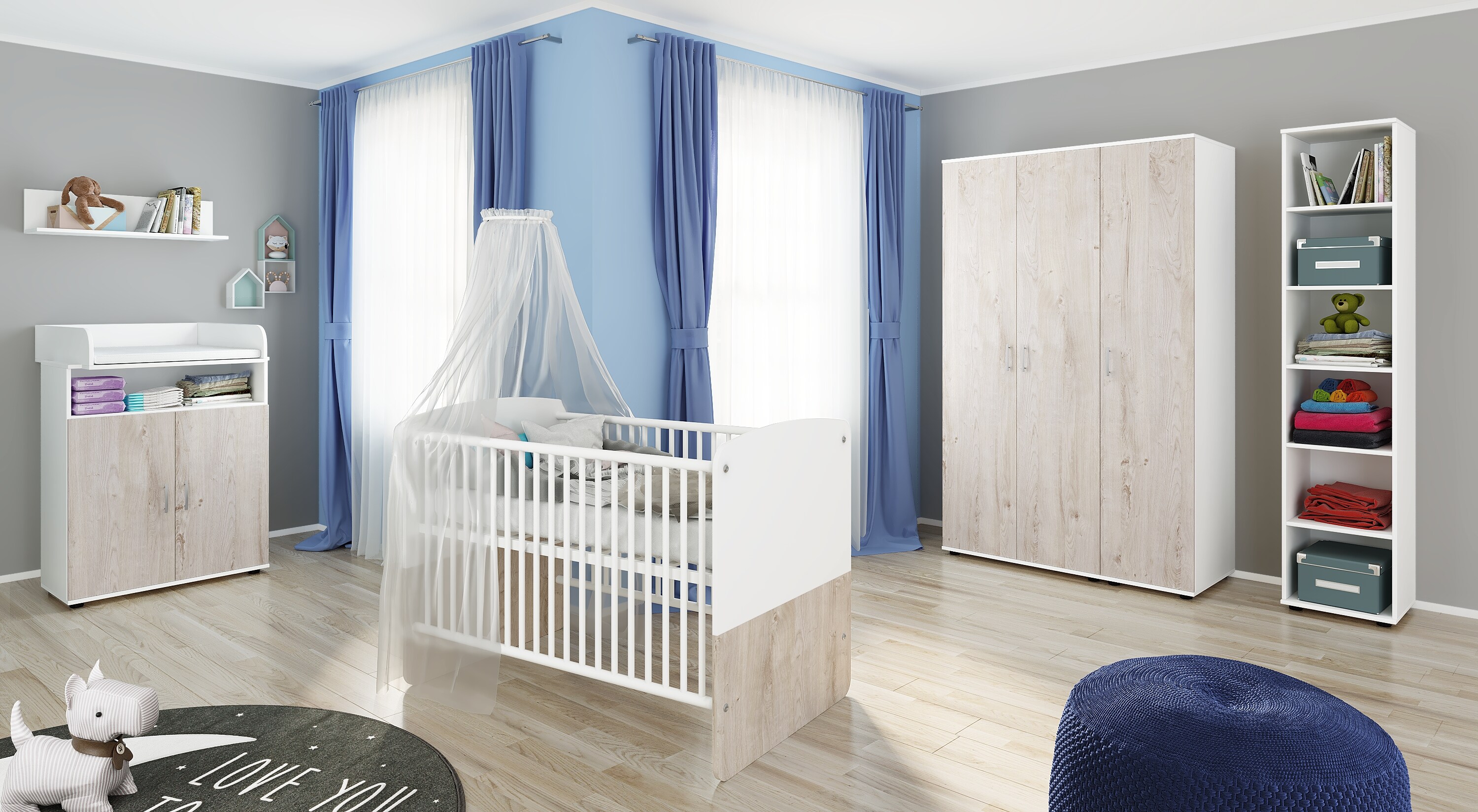 nonjoo. Babyzimmer Hanna Set 9: best. aus Babybett, Kommode, Wickelaufsatz, Wandboard, Regal mit 6 Fächern und Kleiderschrank 3-trg.