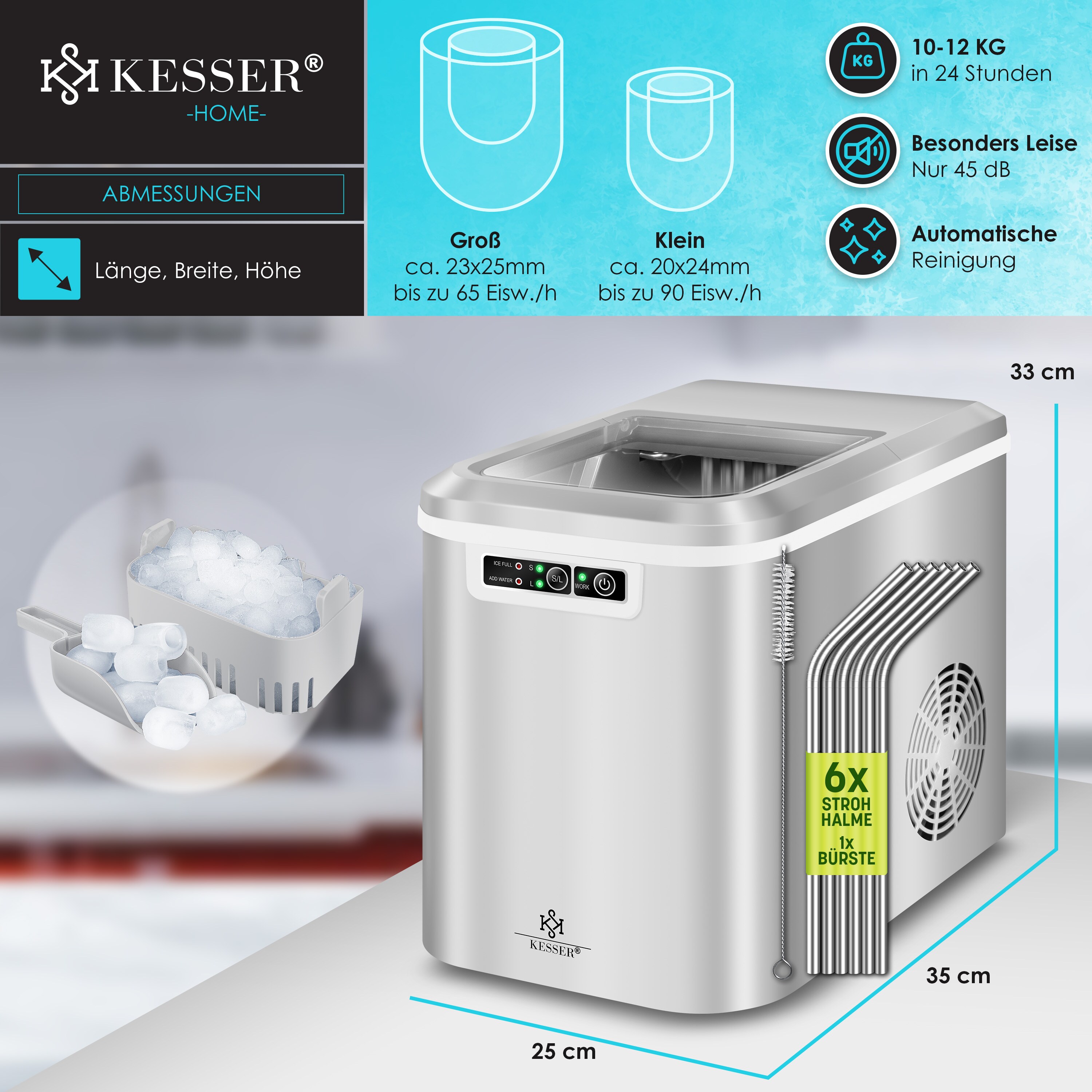 KESSER® Eiswürfelbereiter | Eiswürfelmaschine Edelstahl | Ice Maker | 12 kg 24 h| Zubereitung in 7 min | 2,2 Liter Wassertank | 2 Eiswürfel-Größen | LED-Display | Selbstreinigungsfunktion