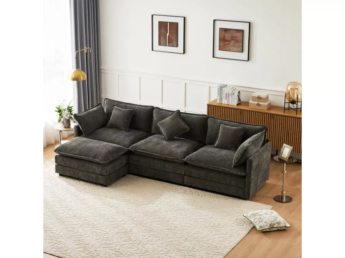 Canapé d'angle 3 places en chenille - avec un repose-pieds modulable - Gris