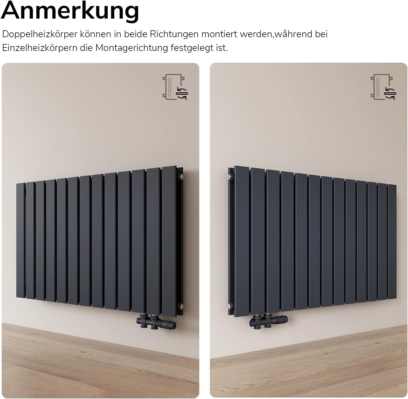 EMKE Design Heizkörper Flach, 630x616 mm Horizontal Flachheizkörper mit Seitenanschluss, Doppellagig Anthrazit Paneelheizkörper Wandheizkörper für Bad, Schlafzimmer & Wohnzimmer, 210W