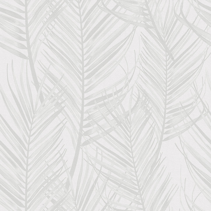 Papier peint vinyle intissé feuilles palmier gris blanc l.52 cm x L.10,05 m