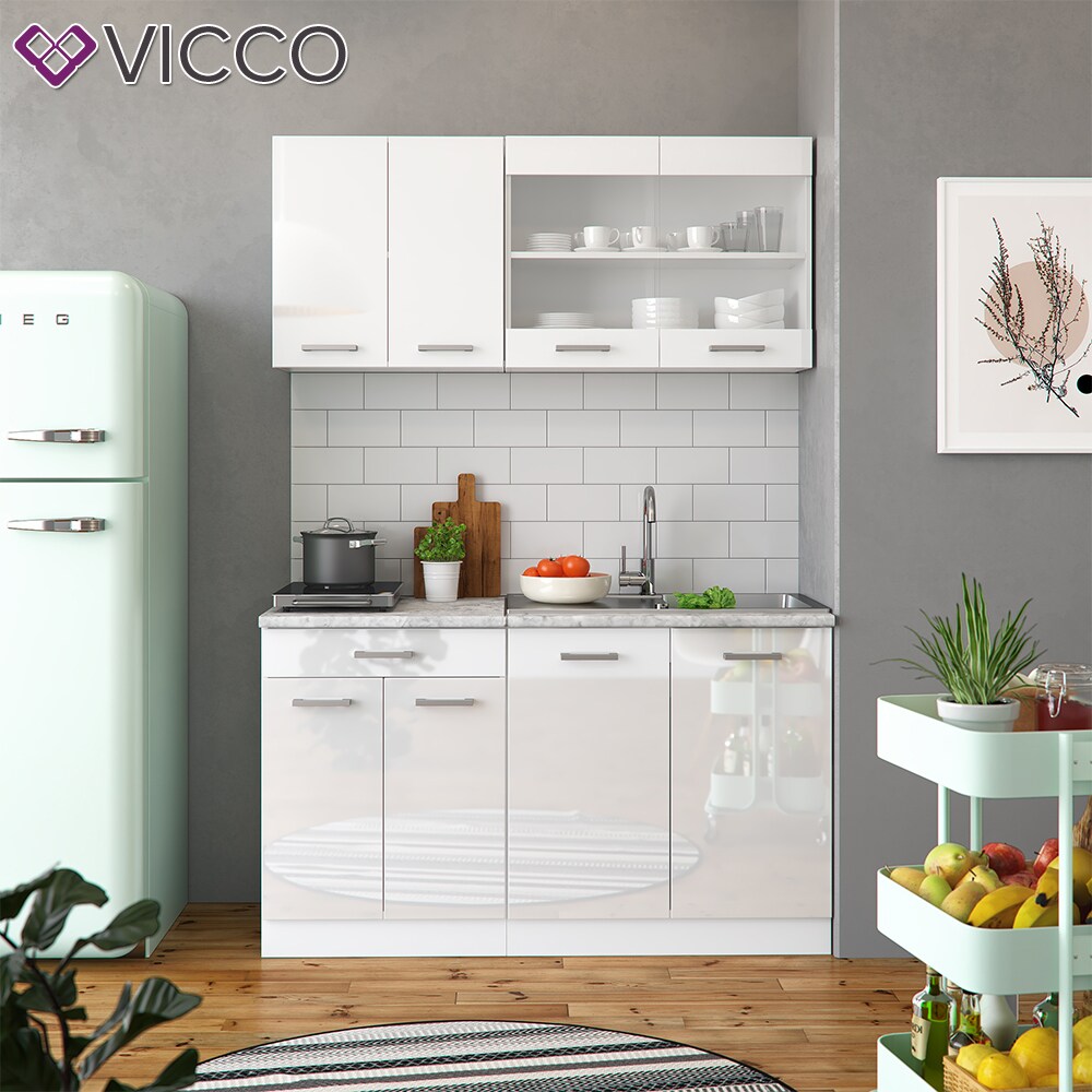 VICCO Küchenzeile SINGLE Einbauküche 140 cm Küchen Weiß Hochglanz R-LINE
