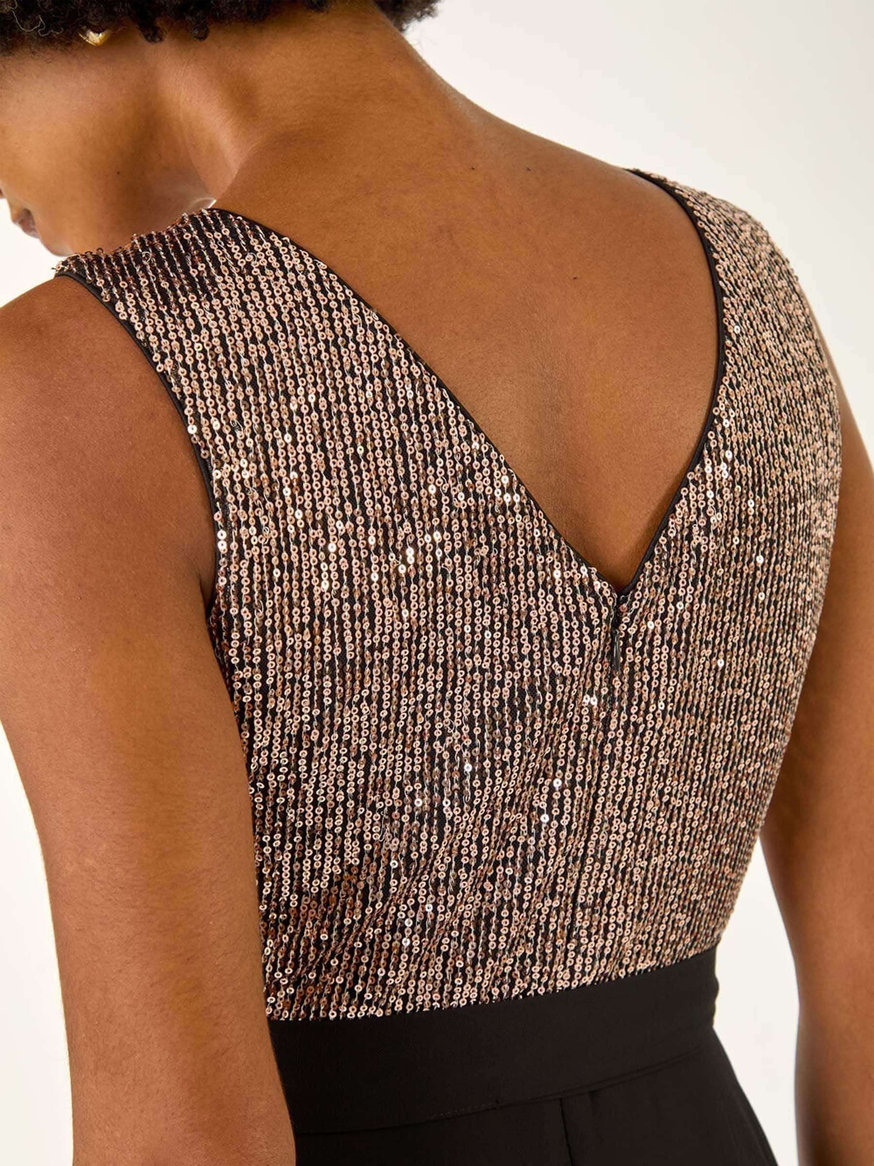 Metallic - Roman Sequin Bodice Belted Chiffon Dress