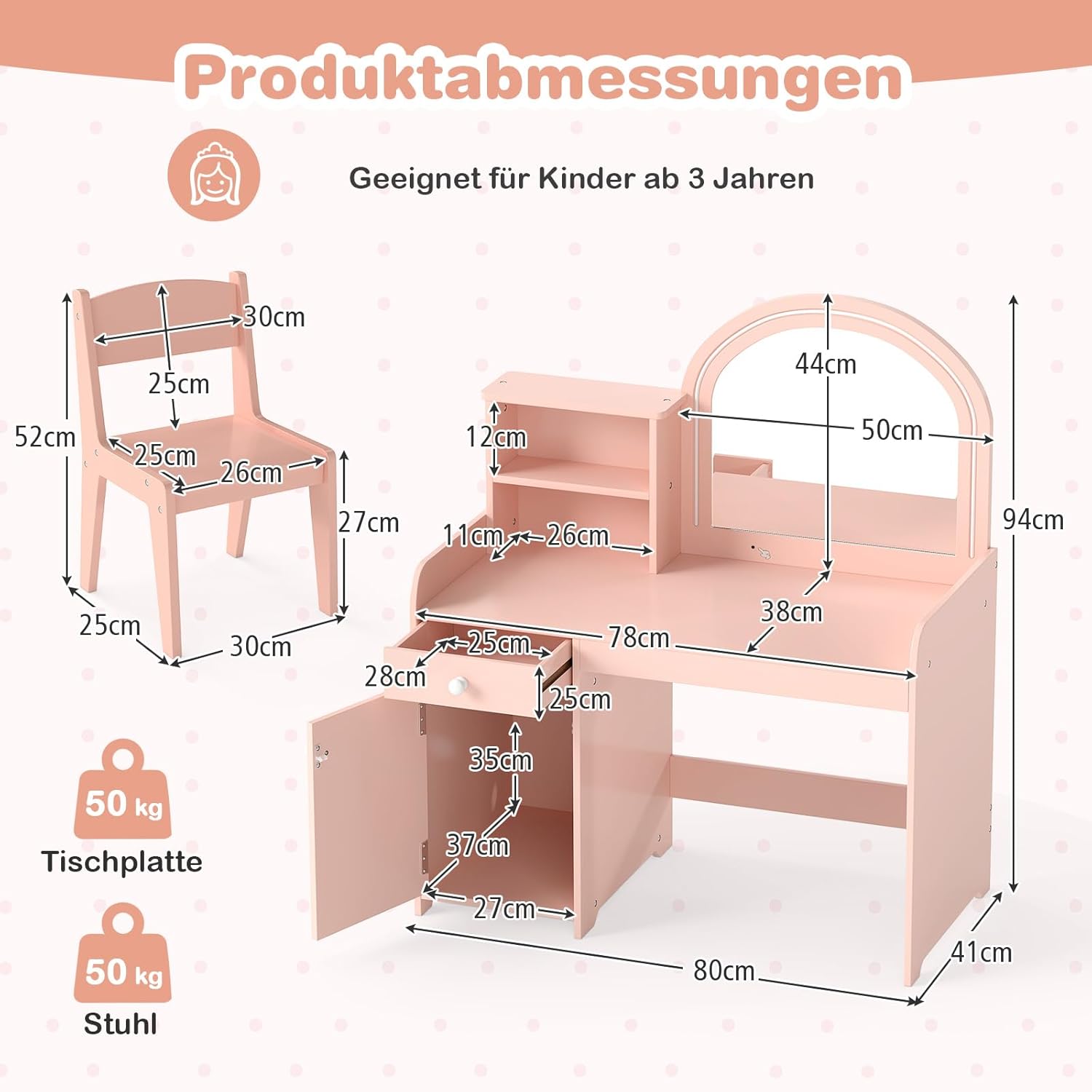 COSTWAY 2 in 1 Kinder Schminktisch Set, Frisertisch mit Hocker, LED-Leuchten, Spiegel, Schrank & Schublade, Kosmetiktisch Schminkkommde mädchen aus Holz für Kinder ab 3 Jahren (Hellrosa)