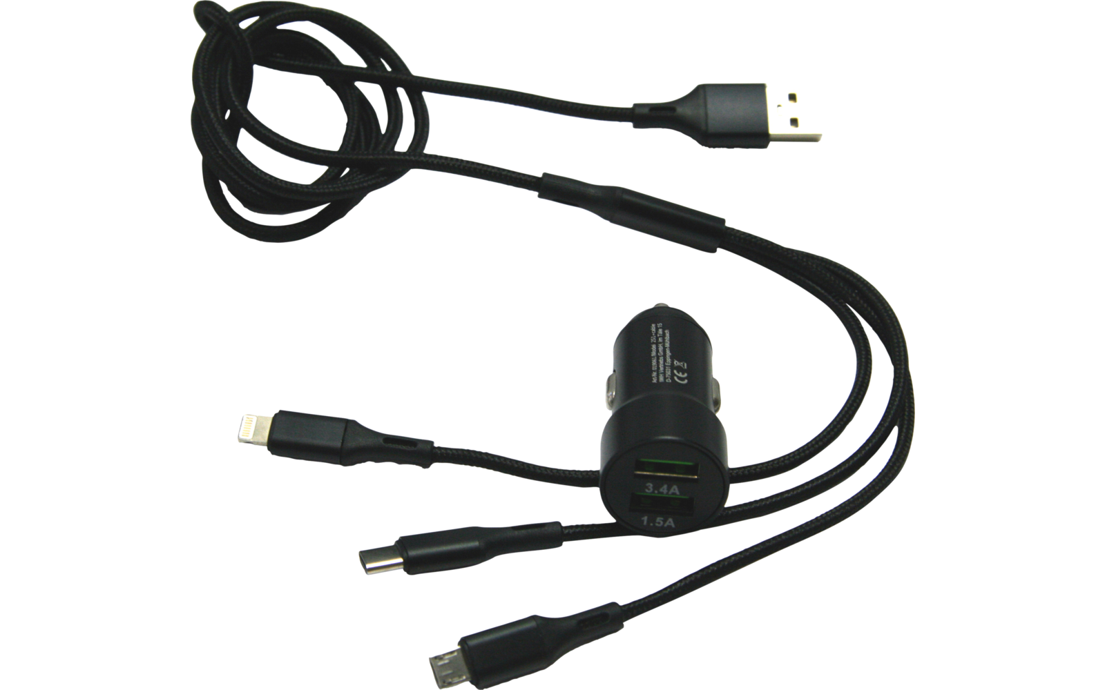 IWH Dual 3 in 1 USB Ladegerät für Autos 3 Anschlüsse 1,2 Meter