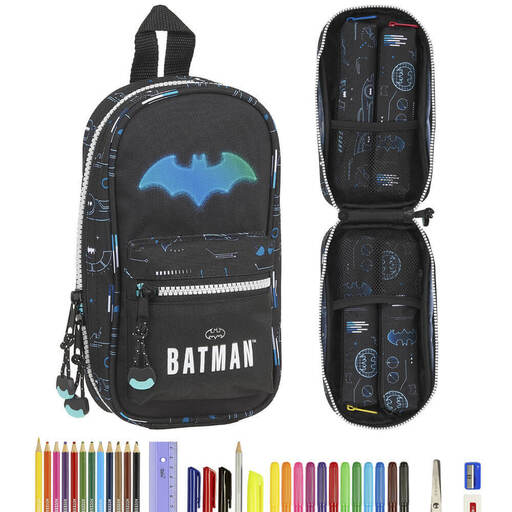 Nécessaire Safta Batman Bat-tech com 4 estojos e acessórios, 120x50x230 mm, preta