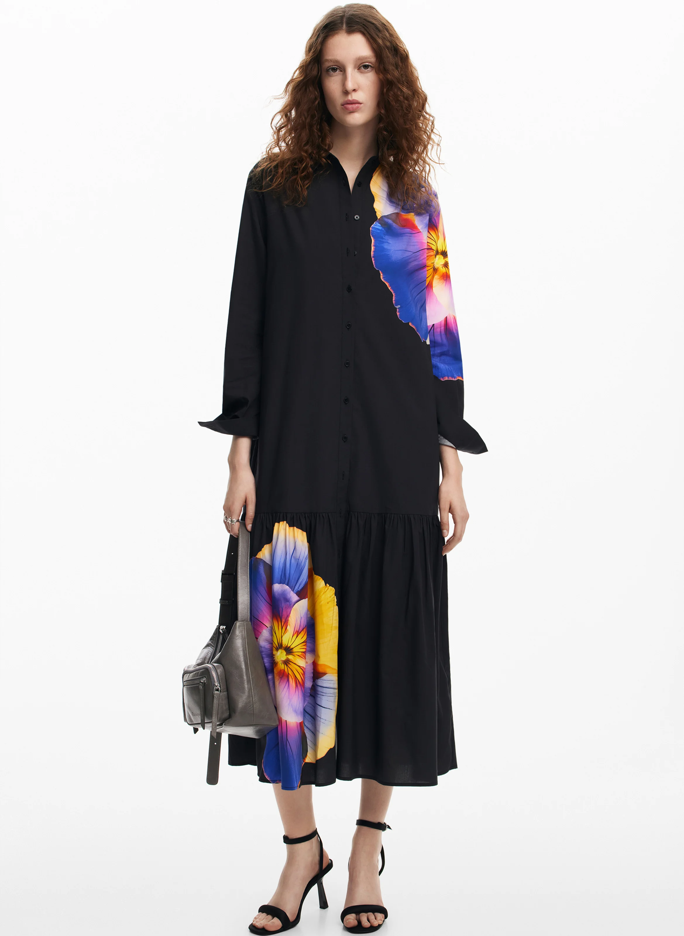 Robe longue col chemise imprimée | Noir