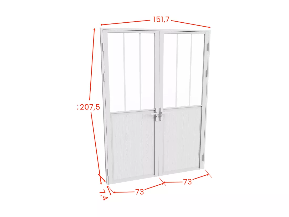 Bloc porte réversible à deux battants en aluminium et verre trempé style atelier - 2 x H204 x L73 cm - Blanc - ERMELO