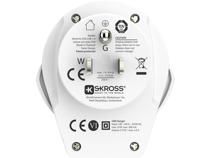 SKROSS Reiseadapter World USA mit USB Ladegerät Kompakter Reisestecker World zu USA mit USB Ladeanschluss
