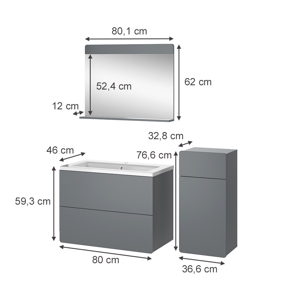 Vicco Badmöbel-Set Izan Grau modern Waschtischunterschrank Waschbecken Badspiegel Midischrank