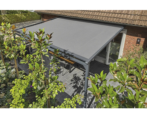 SOLUNA Pergola met stoffen dak 4x4, doekdesign 8445, frame RAL 7016 antracietgrijs, aandrijving rechts inclusief motor, wandschakelaar (wandmontage)