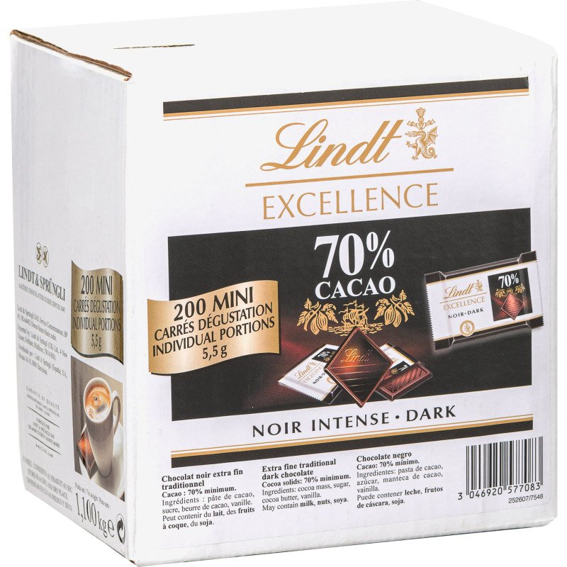 Carrés chocolat noir Excellence  Lindt - Carton de 1,1 kg - 200 pièces