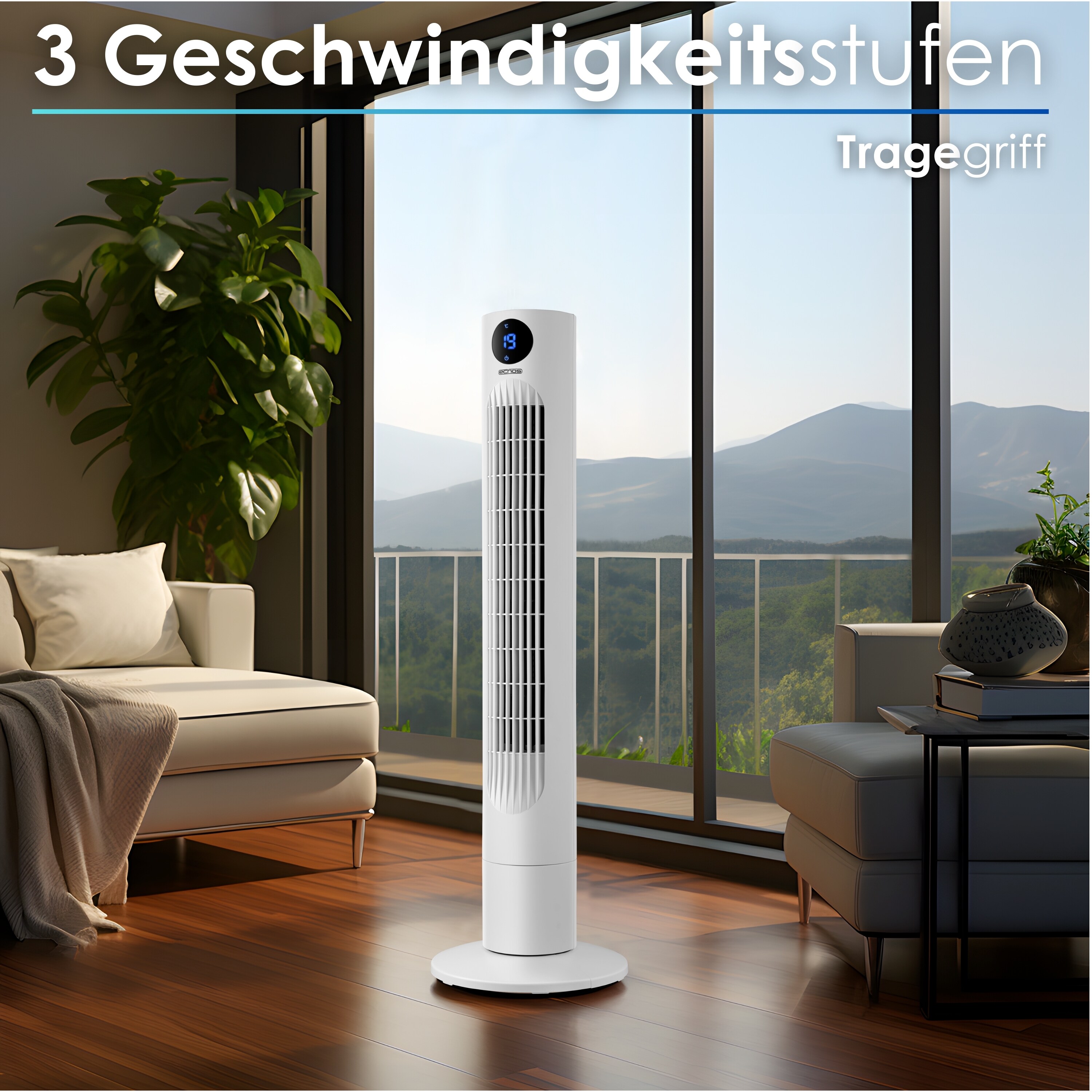 Echos Turmventilator m. Fernbedienung 3 Stufen Timer 60W LED-Anzeige