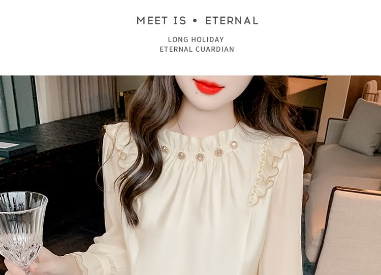 Dragan Pulse - Blouse met pofmouwen en hoge hals, effen, geplooid en strass steentjes