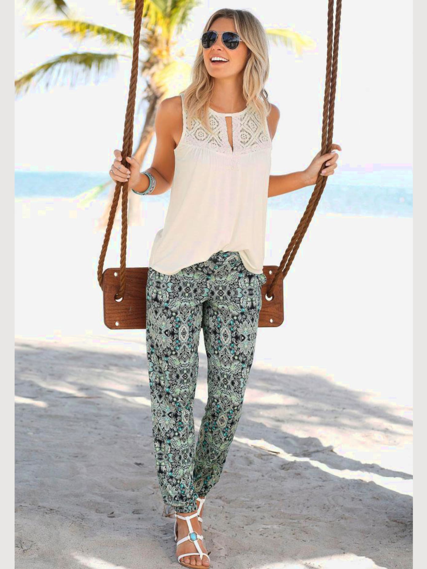 Pantalon de plage pantalon d'été léger avec imprimé ethnique