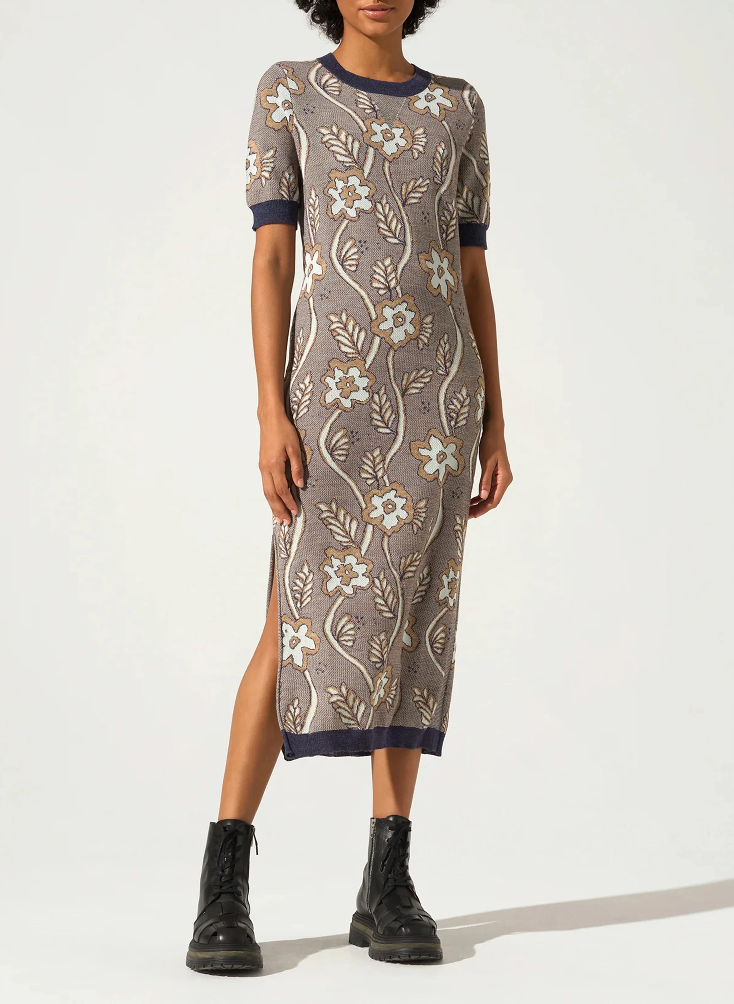 Robe midi col rond imprimée | Gris