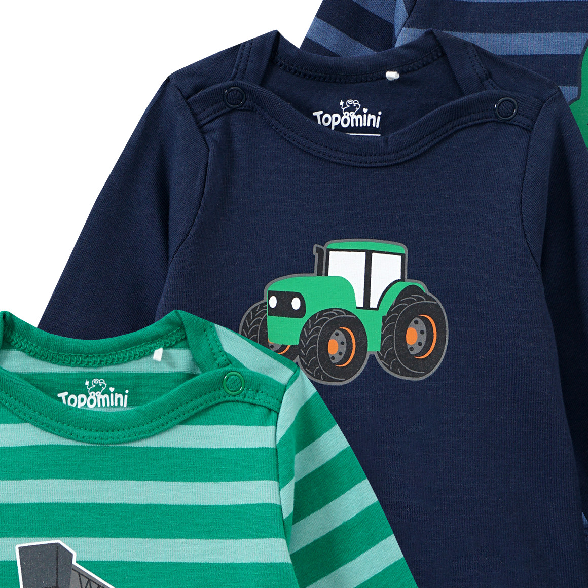 Topomini 3 Baby Langarmbodys mit verschiedenen Prints dunkelblau / blaugrau / grün