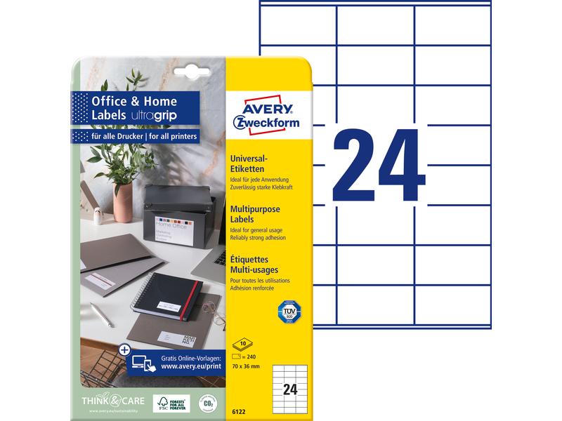 Avery Zweckform Universal-Etiketten 6122 70 x 36 mm, 10 Bla Weisse Aufkleber, permanent haftend