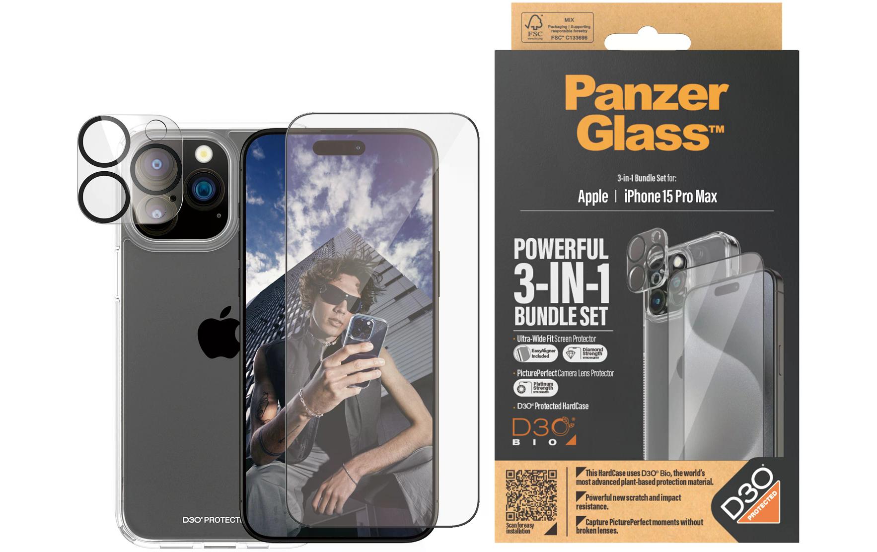 3-in-1 Bundle iPhone 15 Pro Max3-in-1 Set mit Bildschirmfolie, Schutzhülle und Kamera-Schutz für das Apple iPhone 15 Pro Max