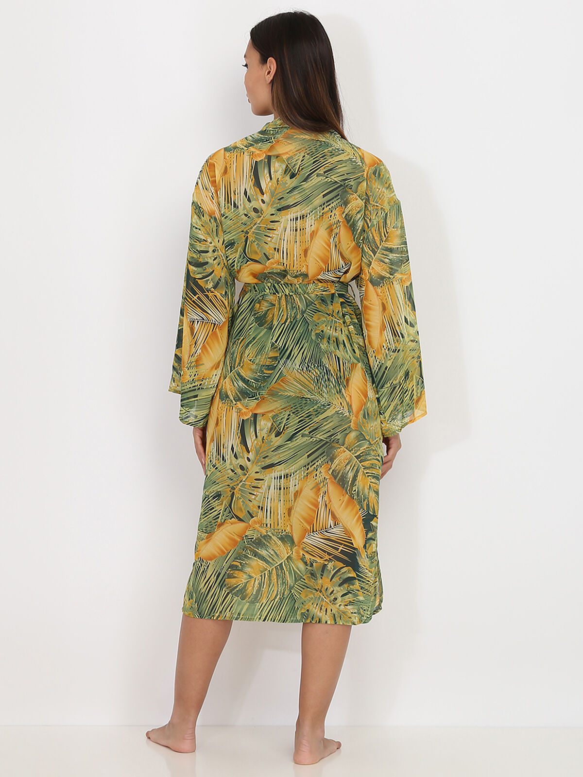 Kimono mi-long à imprimé tropical- Jaune