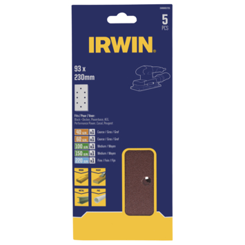 Irwin schuurvel 230 x 93 mm K40/K60/K100/K150/K220 voor klembevestiging, met perforatie voor B D, 5 stuks.