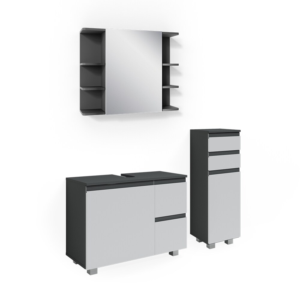 Vicco Badmöbelset J-shape Anthrazit Weiß modern Badezimmer Schrank Badschrank Waschtischunterschrank Spiegelschrank Midischrank Schranktür Schrankschublade Schrankfach Ablage Aufbewahrung