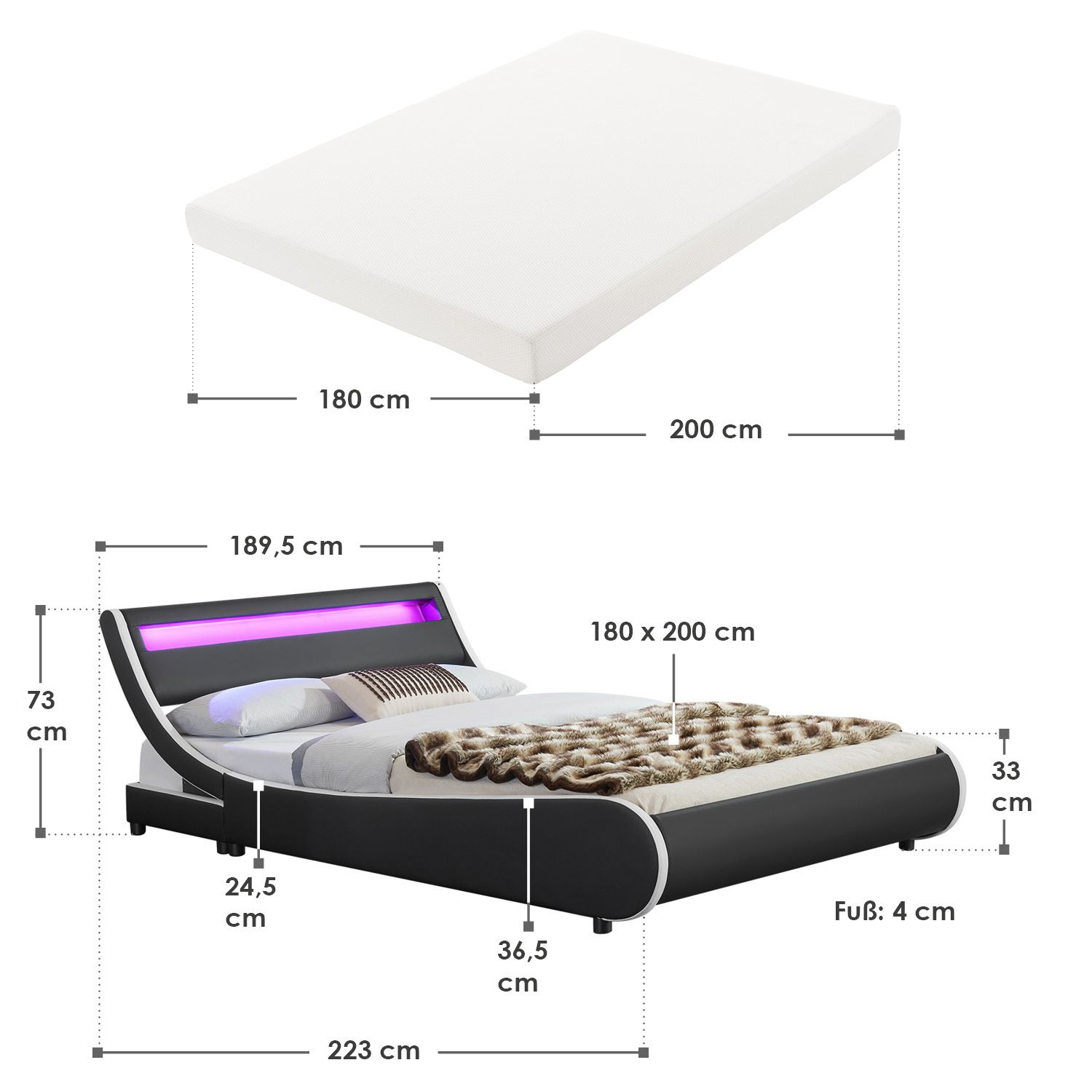 Juskys Polsterbett Bett Valencia 180 x 200 cm schwarz mit Kaltschaummatratze Doppelbett mit LED