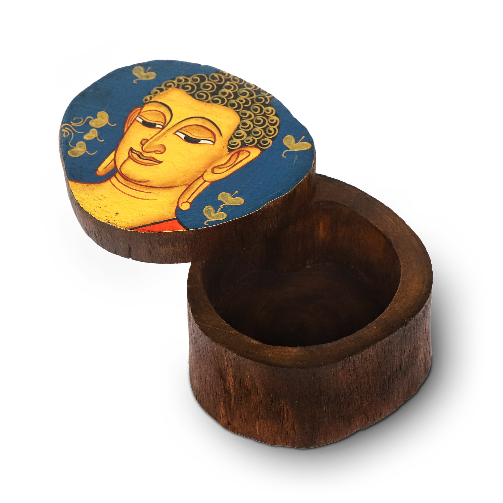 Holzschatulle 'Buddha blau', Teak, Ø 8 - 9 cm, H 7 cm von fischer's lagerhaus