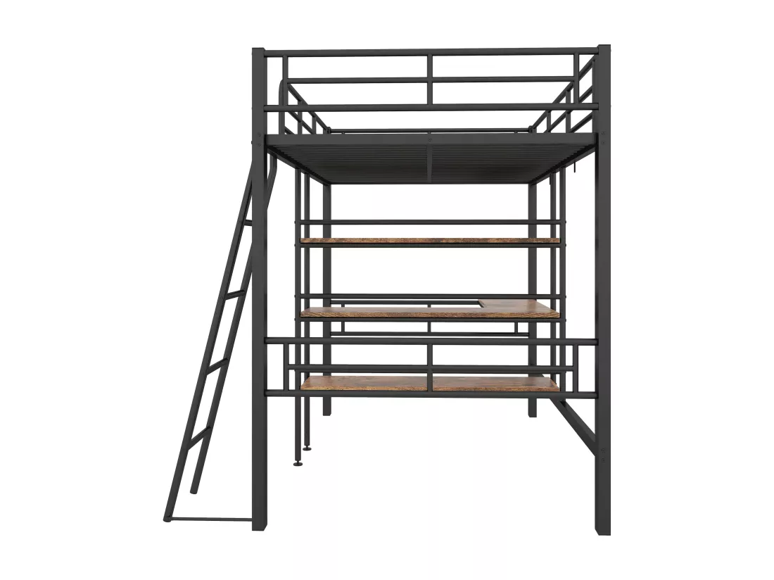 Lit mezzanine 90x200cm - avec bureau et étagères de rangement - Noir