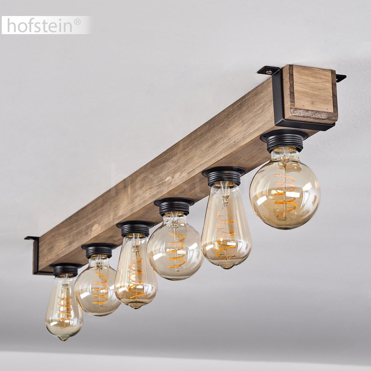 HOFSTEIN Deckenleuchte Montgomery - Moderne Deckenlampe aus Metall und Holz, Schwarz/Natur - 6 x E27-Fassung - Industrial-Style, Retro Vintage - Holzlampe, Flurlampe für Küche und Wohnzimmer