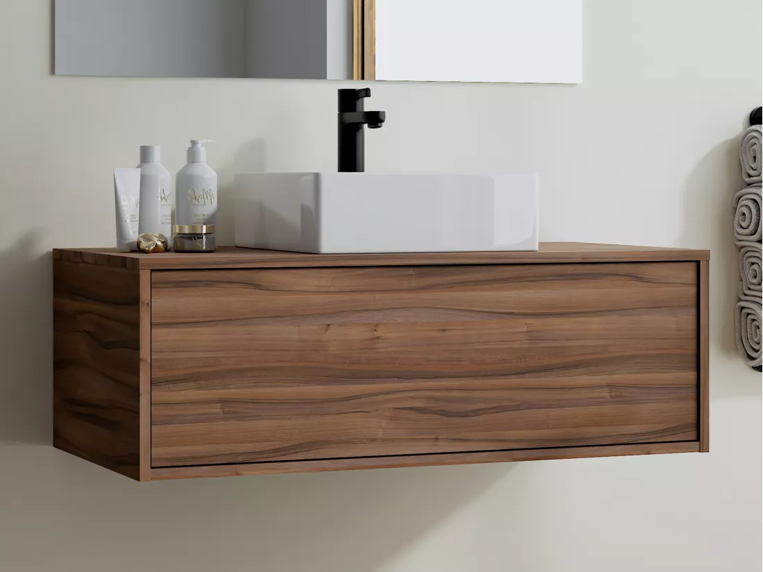 Meuble de salle de bain suspendu coloris naturel foncé avec simple vasque carrée - 94 cm - TEANA II