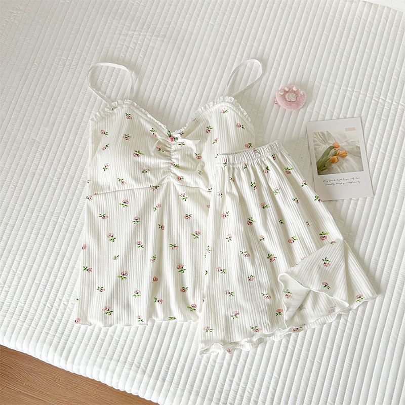 Siensien - Pyjamaset: Gewatteerde top met bloemenprint, kanten rand en gerimpelde vulling + vest met ronde hals + shorts + broek