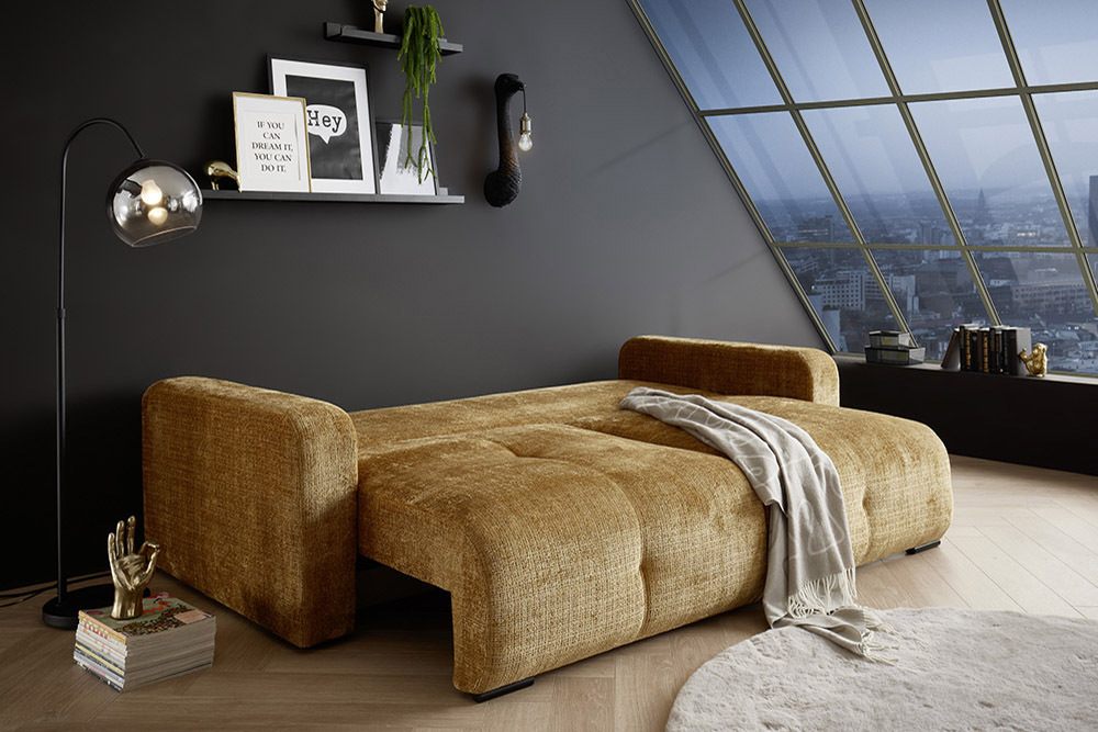 Modernes Schlafsofa DIAMOND 235cm senfgelb Chenille Cremona mit Stauraum 3-Sitzer Couch