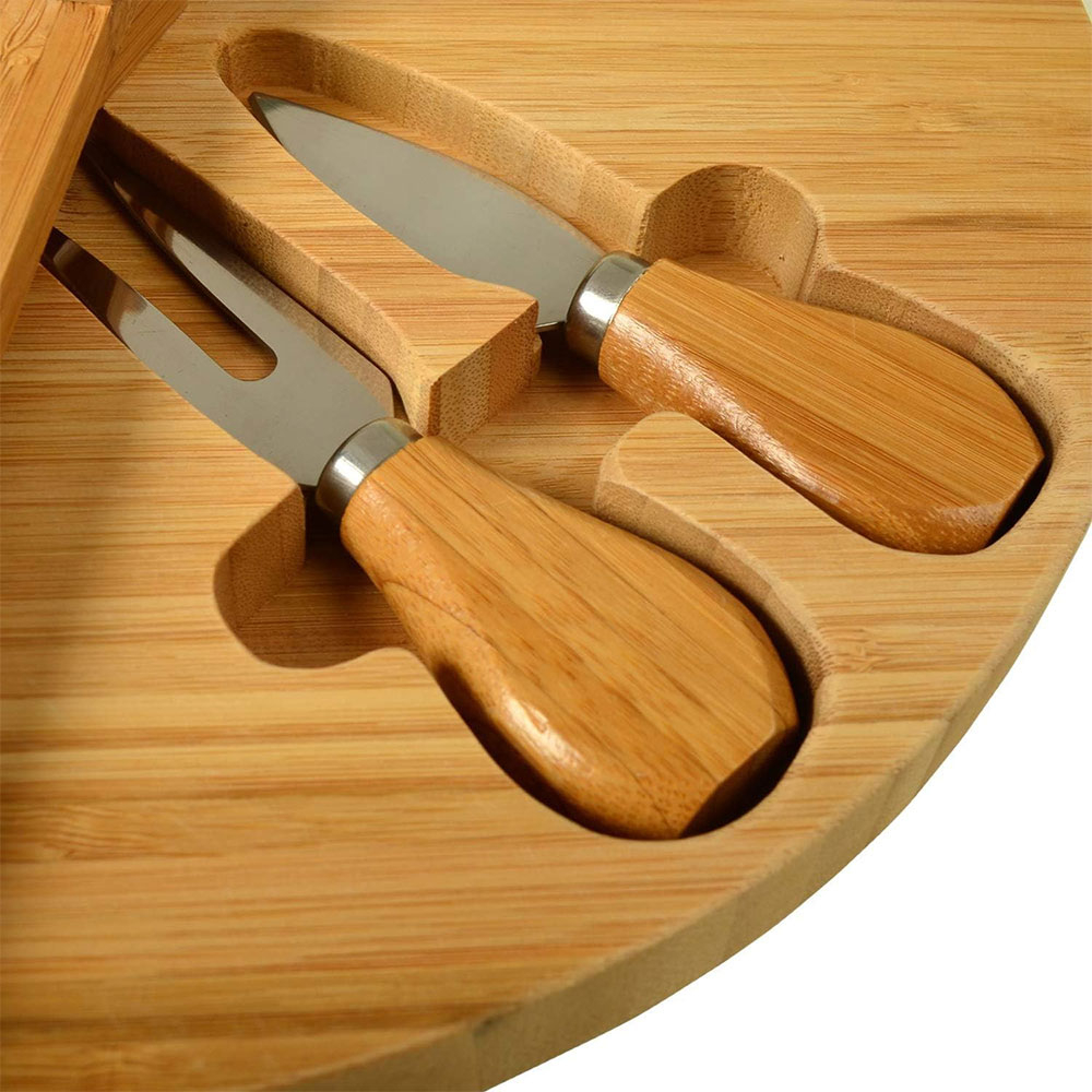 (3-tlg. Set) Bambus Käsebrett Apéro Drehplatte mit Käsebesteck für Zuhause / Garten / Picknick - Braun