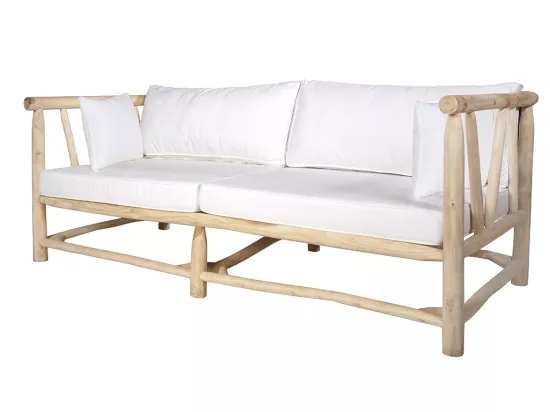 Salon de jardin en teck : un canapé 3 places + 2 fauteuils + 2 tables basses - Naturel clair et blanc - TULUM de MYLIA