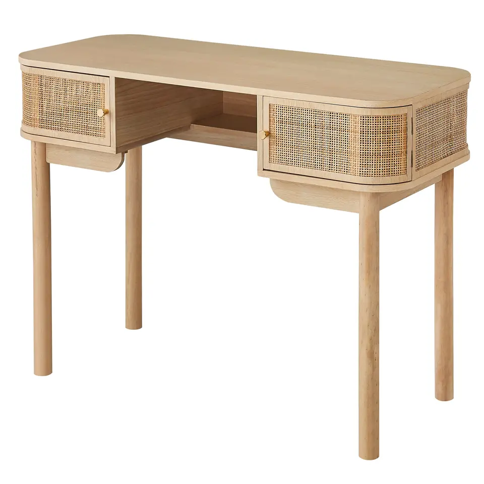 Bureau met 2 deuren van hout en rietvlechtwerk