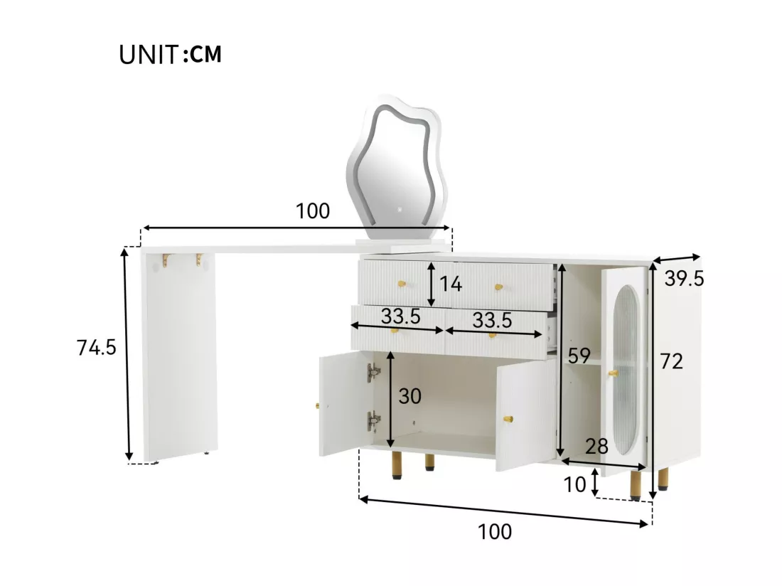 Coiffeuse pivotante escamotable avec miroir à LED - 4 tiroirs et 3 compartiments - Blanc (tabouret non inclus)